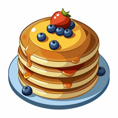 A stack of pancakes topped with syrup, blueberries, and a strawberry.