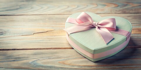 A beautifully crafted heart-shaped box adorned with a delicate ribbon in soft pastel hues, sitting on a elegant wooden table top, paper craft, packaging
