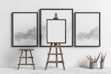 Simple art studio with an easel and three mockup frames showing unique 3D perspectives for ad promotions.
