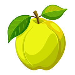 A vibrant yellow apple with green leaves and a brown stem.