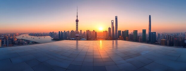 Obraz premium A city skyline with a large building in the middle