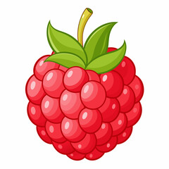 A colorful illustration of a raspberry with green leaves.