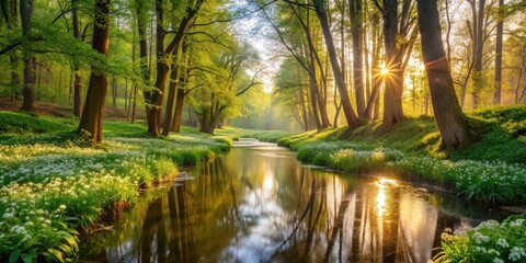 Obraz premium river in spring forest with blooming flowers and lush greenery, surrounded by tall trees and serene atmosphere, dawn, sunlight