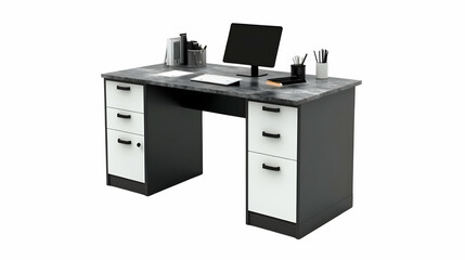 Modern office desk, workspace setup, white background, catalog use