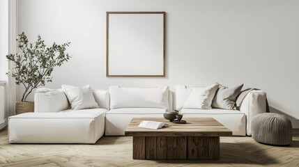 Clean Scandinavian space with a white modular sofa, wooden table, and 3D mockup frame tilted for dynamic ad visuals.