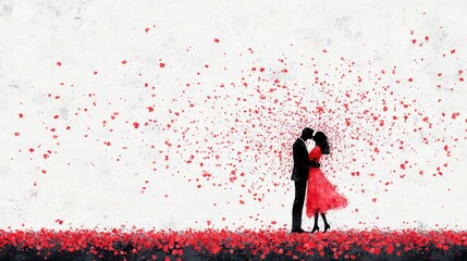 Romantic Couple Embracing Among Floating Red Petals in Artistic Style