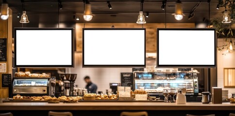Digital screens on the wall of an elegant bakery, bathed in daylight, highlighting food and coffee machines.