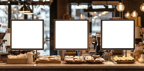 White blank digital displays on a coffee shop counter, set in a warm, modern space filled with natural daylight.