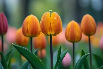 Naklejka premium A close-up of a vibrant yellow Fritillaria meleagris surrounded by colorful tulips, capturing the intricate beauty of spring flowers.