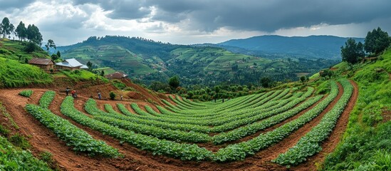 Terraced Farm on a Hillside with Dramatic Sky