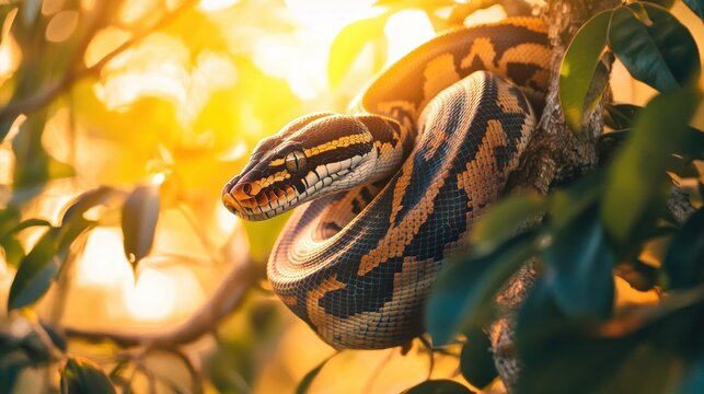 A ball python coiled around a tree branch at sunset, basking in the warm golden light.