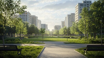 Obraz premium Serene Urban Park: Modern Architecture and Lush Greenery