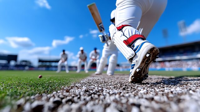 Close-up of cricket player batting, other players in background, sunny day.