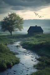 Small House by Stream