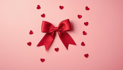 Red satin ribbon with glossy hearts on pastel pink background.