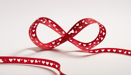 Red ribbon curled into heart shapes with scattered small red hearts