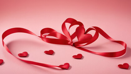 Satin red ribbon intertwined with glossy hearts on pastel pink