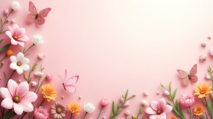 Elegant Floral Arrangement, Pink Roses, White Flowers, Butterflies, Delicate Vines, Soft Pastel Background, Romantic Mood, Minimalist Composition, Top-Down View, Artistic Render, Smooth Finish,