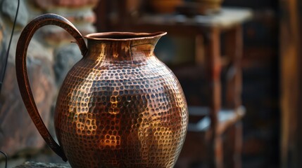 A beautifully crafted copper jug, showcasing traditional metalwork and design.