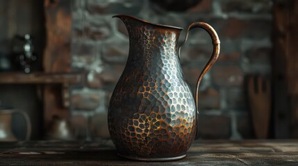 A beautifully crafted copper pitcher with a textured surface, set against a rustic background.
