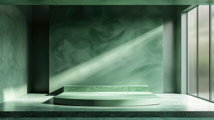 3d render of a green pedestal on a white background with a copy space