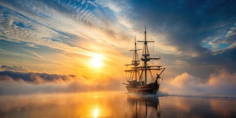 Fototapeta premium Pirate ship sailing through misty fog at sunrise, ship, boat, ship,boat,rise,sunrise,canyon,sea,misty,atmosphere,sea,wrecks,fog,vessel