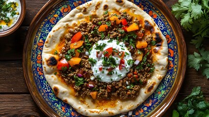 Savory Ground Lamb Flatbread with Peppers and Yogurt