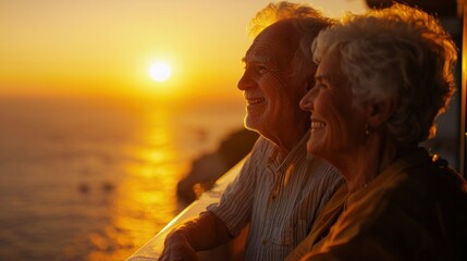 Joyful Senior Couple Enjoying Sunset View by the Ocean Paradise