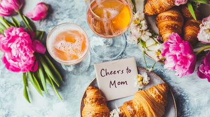 Flatlay of a mother's day brunch setup with a mimosa, croissants, and flowers, with space for a "Cheers to Mom" message