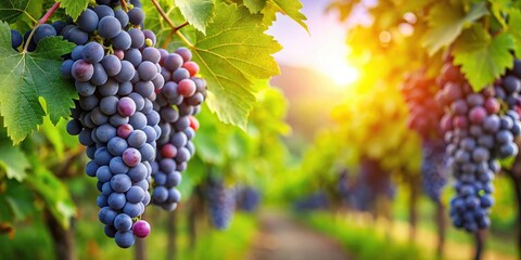 Naklejka premium Gamay grapes on vines with lush green leaves and foliage in full growth surrounded by a natural environment, vine, nature