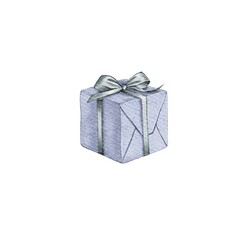 Watercolor blue Gift Boxes. High quality illustration. Ideal for congratulations on holidays, birthdays. New Year's surprise. Holiday box with ribbon and bow in paper wrapper. Design element