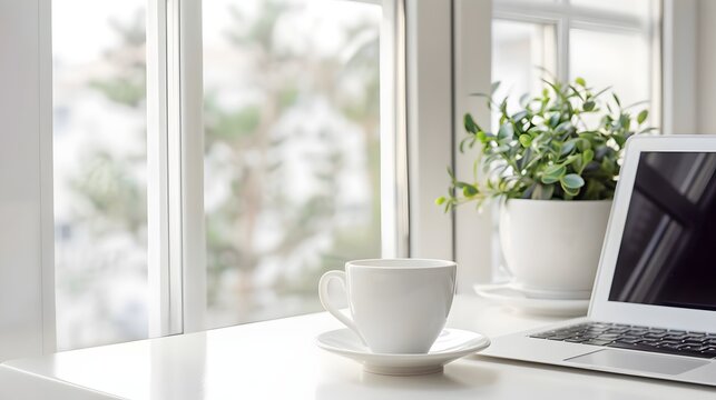 Close up view of workspace with laptop, coffee cup and copy space on white table next to window