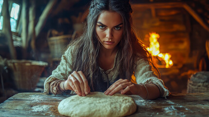 Woman shaping dough in rustic kitchen with wooden interior and warm fireplace in cozy atmosphere, focused expression