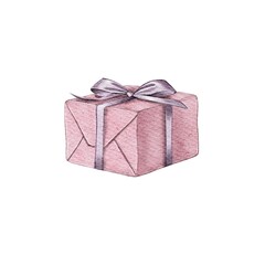 Watercolor pink Gift Boxes. High quality illustration. Ideal for congratulations on holidays, birthdays. New Year's surprise. Holiday box with ribbon and bow in paper wrapper. Design element