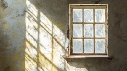 Fototapeta premium Sunlit Rustic Window in Aged Plaster Wall Grungy Texture Light and Shadow