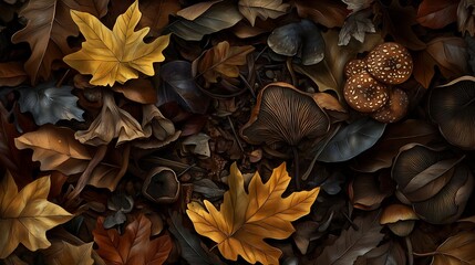 Fototapeta premium autumn mushrooms & leaves texture - dark academia