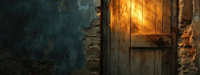 Rustic Wooden Door in Grunge Wall Weathered Texture Golden Light Old Building Exterior
