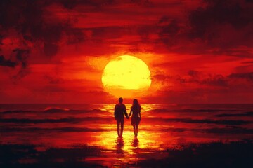 Fototapeta premium A couple is walking on a beach at sunset