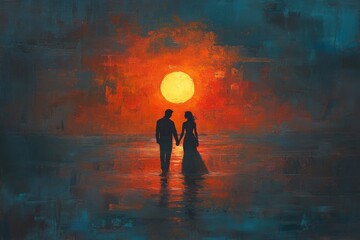 Fototapeta premium A couple is walking on a beach at sunset