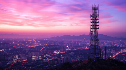 Fototapeta premium Communications tower on a hilltop overlooking a sprawling city during a vibrant sunset