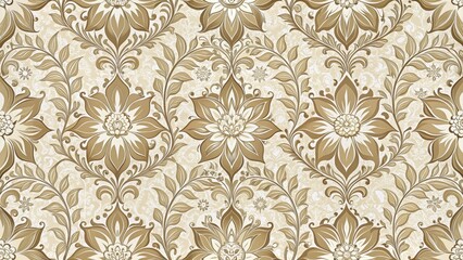 A repeating design of interconnected flowers and leaves in a damask pattern on a neutral background , seamless