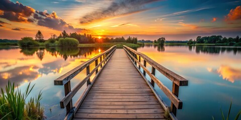 Fototapeta premium A serene wooden bridge spanning a calm lake at sunset, outdoor, river, outdoor, river, dawn, landscape, bridge, nature, scenery