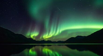 A tranquil mountain lake reflecting a sky filled with auroras and shooting stars