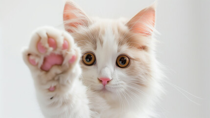 Obraz premium White fluffy kitten with raised pink paw reaching forward against a clean white background
