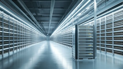 Obraz premium Inside a Modern Data Center: Servers, Technology, and the Digital Age. Servers lined up in rows, illuminated by cool blue light, creating a futuristic and technological atmosphere.