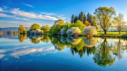 Fototapeta premium Sunlit reflection on calm Bodensee lake, surrounded by lush greenery and blooming trees in springtime, natural beauty, seasonal change
