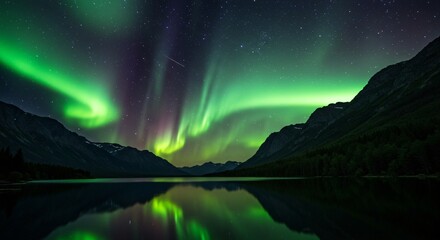 Obraz premium A tranquil mountain lake reflecting a sky filled with auroras and shooting stars