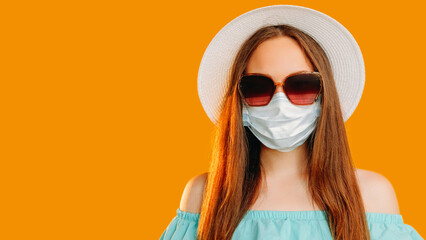 Hygiene measures. Summer tour. Happy attractive woman in protective face mask gloves standing...