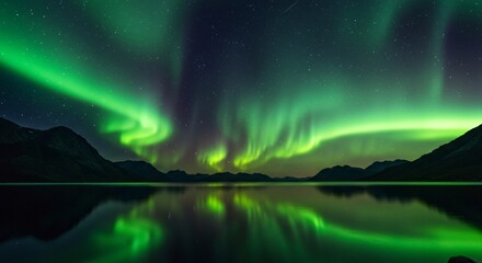 A tranquil mountain lake reflecting a sky filled with auroras and shooting stars