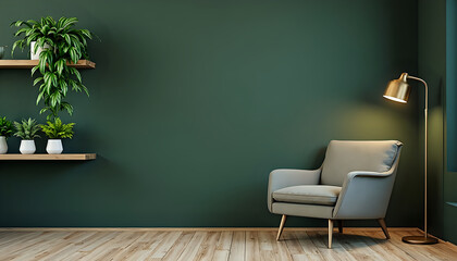 a corner of a room with a dark green wall. On the left side of the image, there is a wooden shelf with three small potted plants on it.